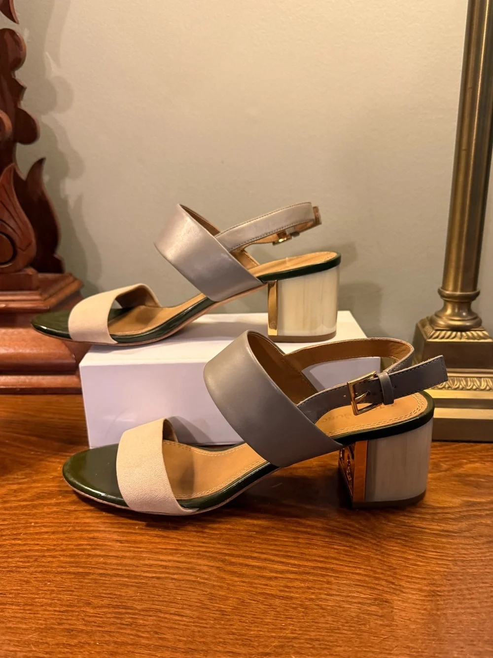 Tory Burch Gigi T Slingback Block Heel Sandals Gray Heron Taupe Leather Size 7